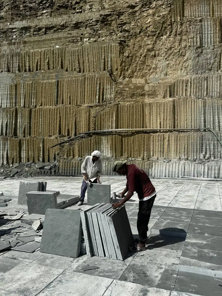 Kota Blue slabs stacked on edge at our quarry in Mayla